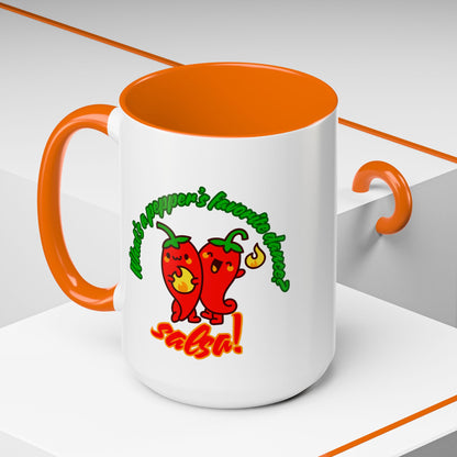 "What's a Pepper's Favorite Dance? Salsa." Accent Coffee Mug – Funny Dance Pun Ceramic Mug for Dancers and Food Lovers