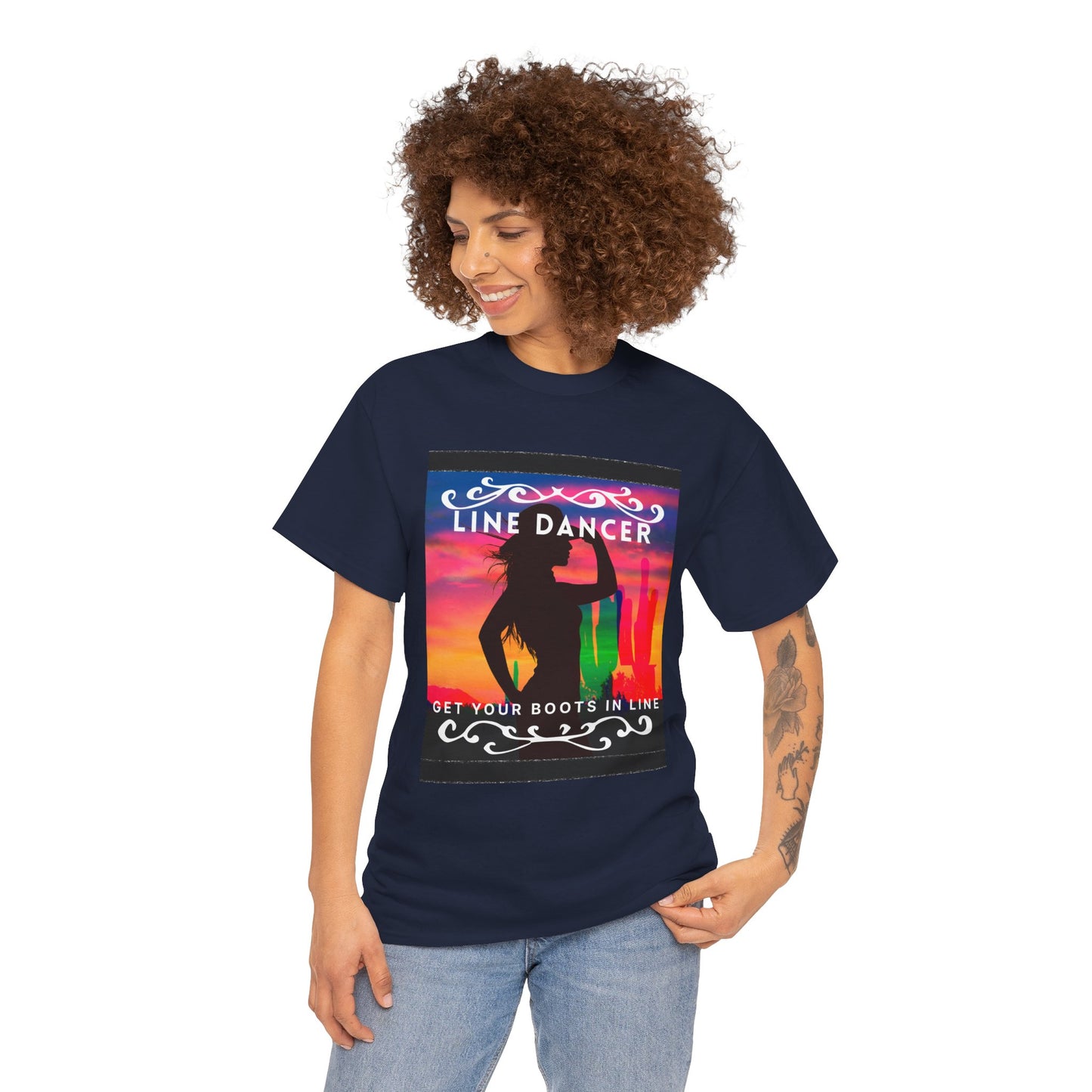 "Line Dancer" Unisex Heavy Cotton T-Shirt – Western Country Dance Graphic Tee – 'Get Your Boots in Line' Cowboy-Inspired Shirt