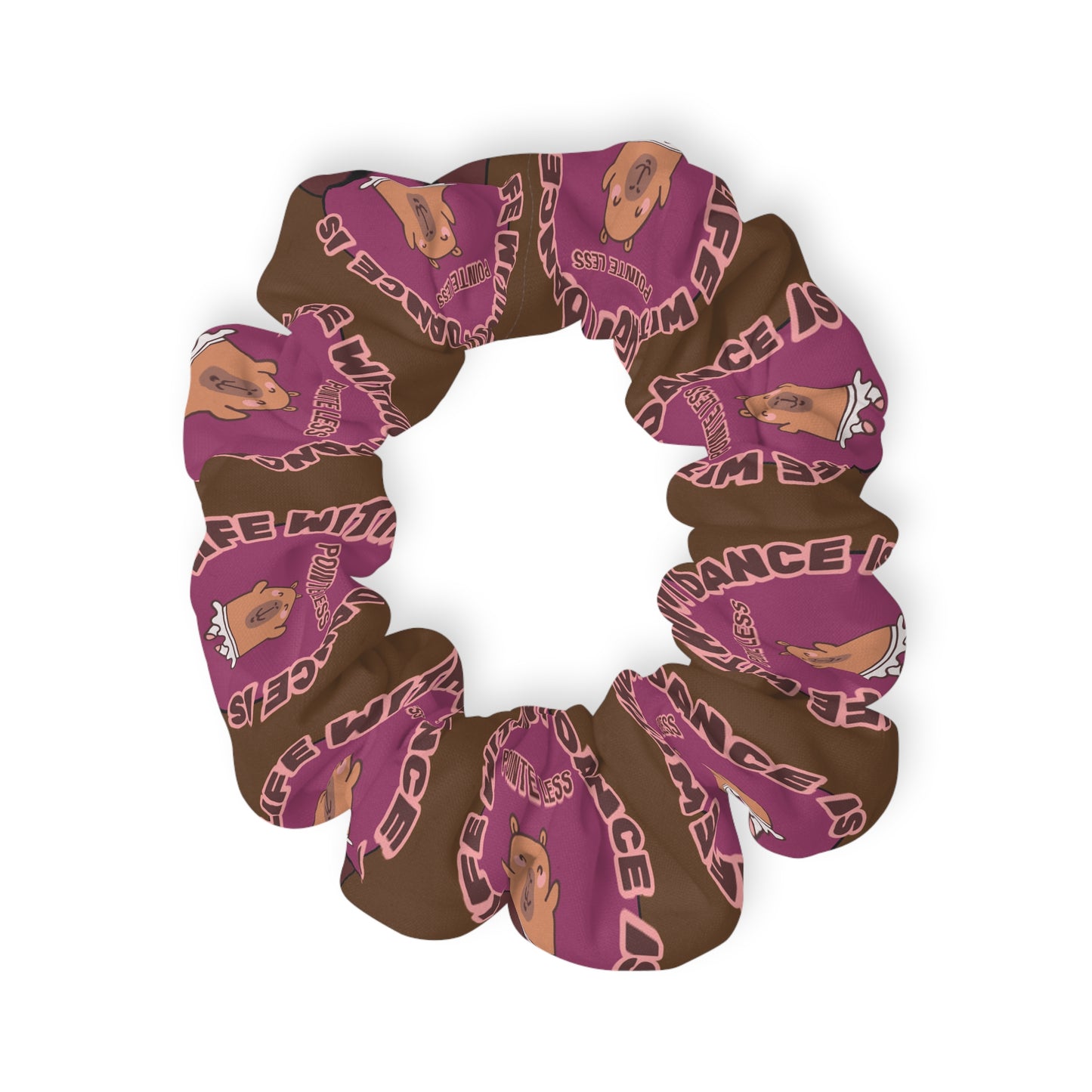 “Life Without Dance Is Pointeless” Scrunchie – Funny Ballet Pun Hair Accessory with Cute Dancing Capybara Graphic