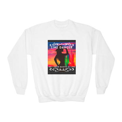 "Line Dancer, Get Your Boots in Line!" Youth Crewneck Sweatshirt – Western-Inspired Dance Graphic – Country Dance Pullover for Kids