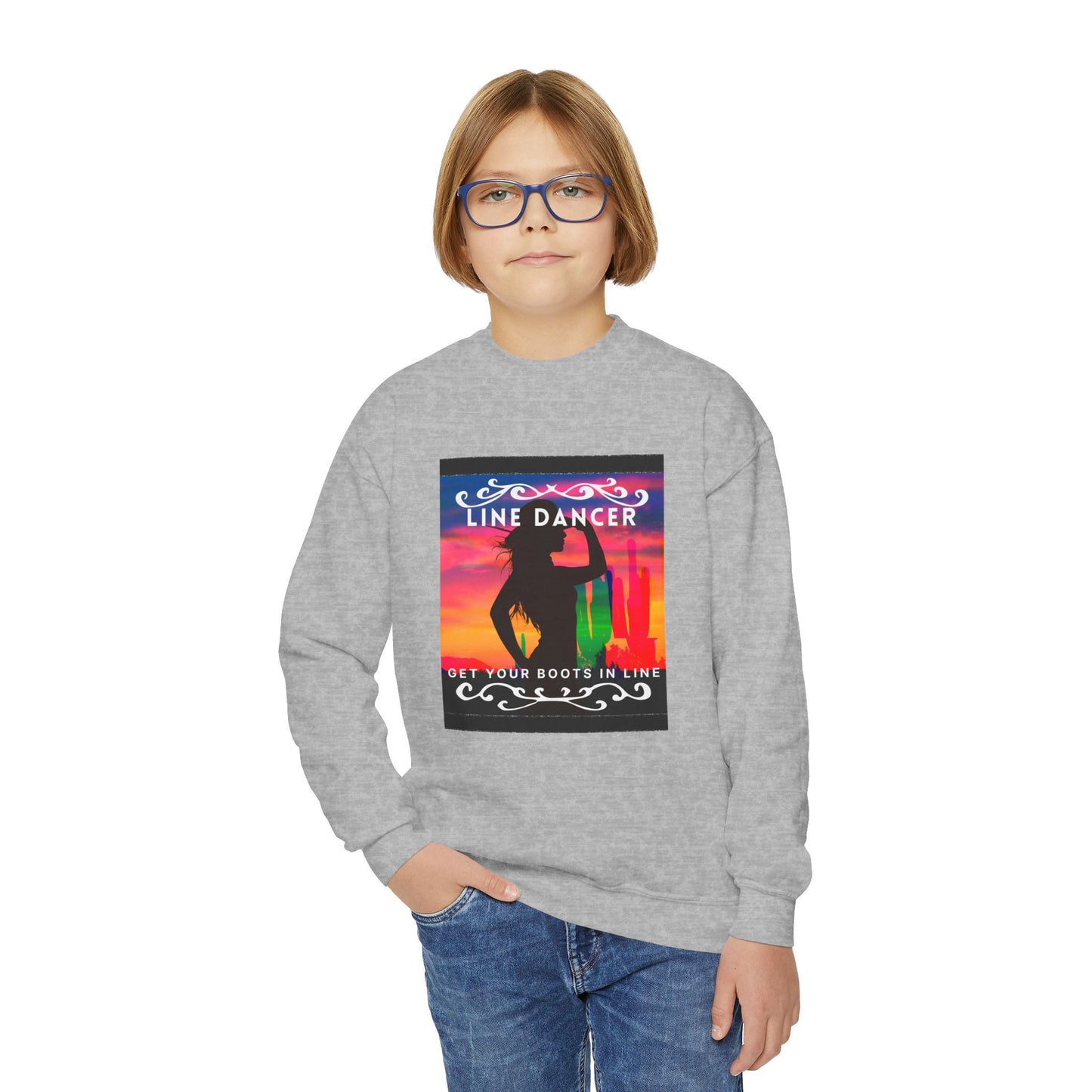 "Line Dancer, Get Your Boots in Line!" Youth Crewneck Sweatshirt – Western-Inspired Dance Graphic – Country Dance Pullover for Kids