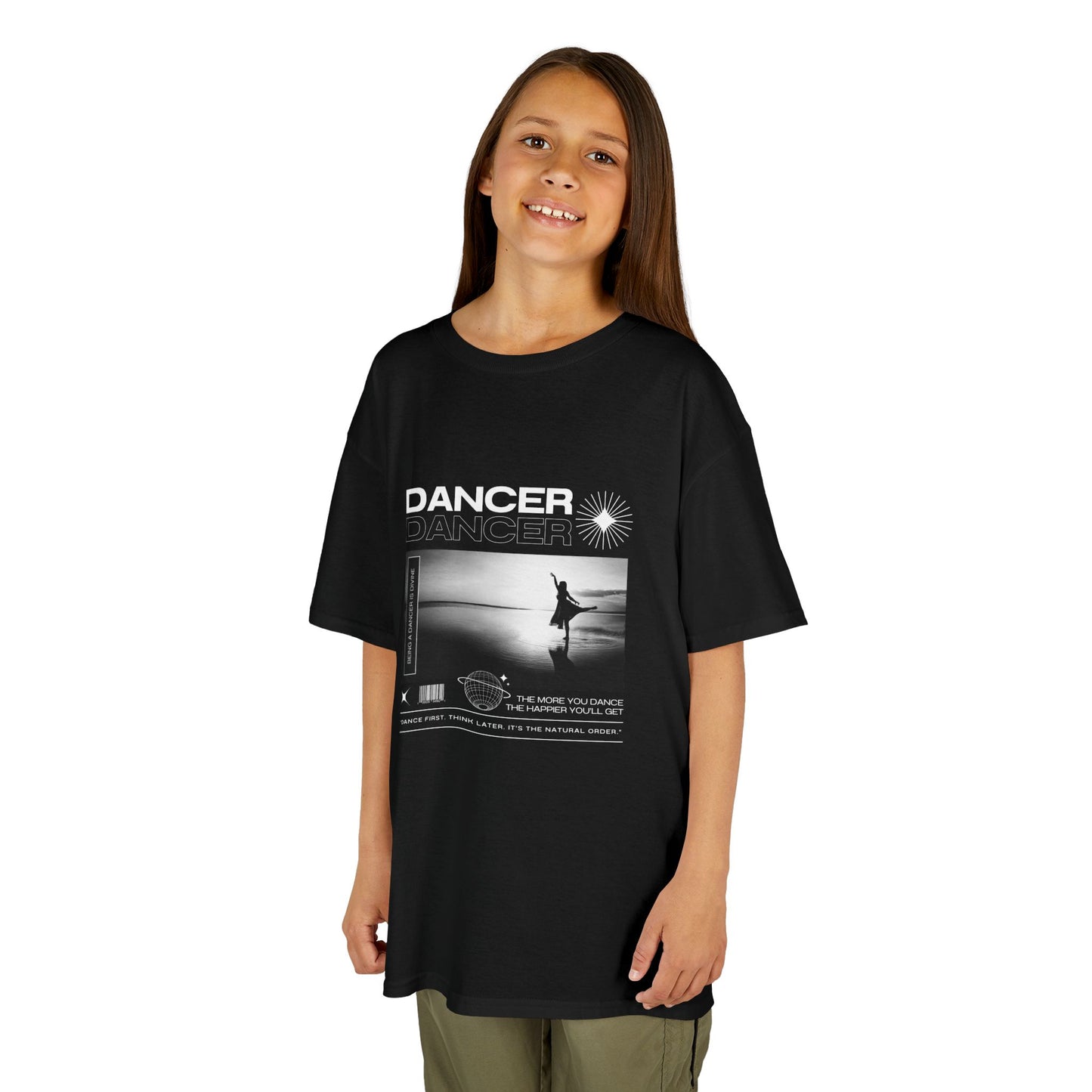 "Dancer" Arabesque on the Beach – Youth Short Sleeve Dance Tee in Streetwear-Inspired Style