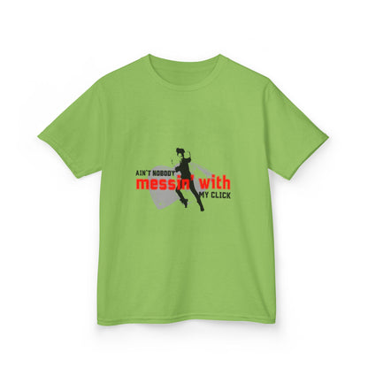 "Ain’t Nobody Messin’ With My Click" – Youth Short Sleeve Dance Tee with Tap Shoes & Tap Dancer Graphic
