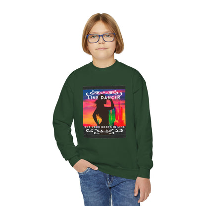 "Line Dancer, Get Your Boots in Line!" Youth Crewneck Sweatshirt – Western-Inspired Dance Graphic – Country Dance Pullover for Kids