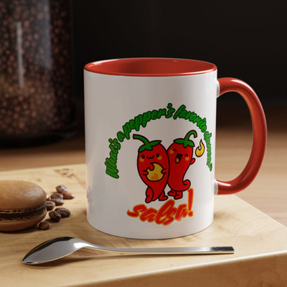 "What's a Pepper's Favorite Dance? Salsa." Accent Coffee Mug – Funny Dance Pun Ceramic Mug for Dancers and Food Lovers