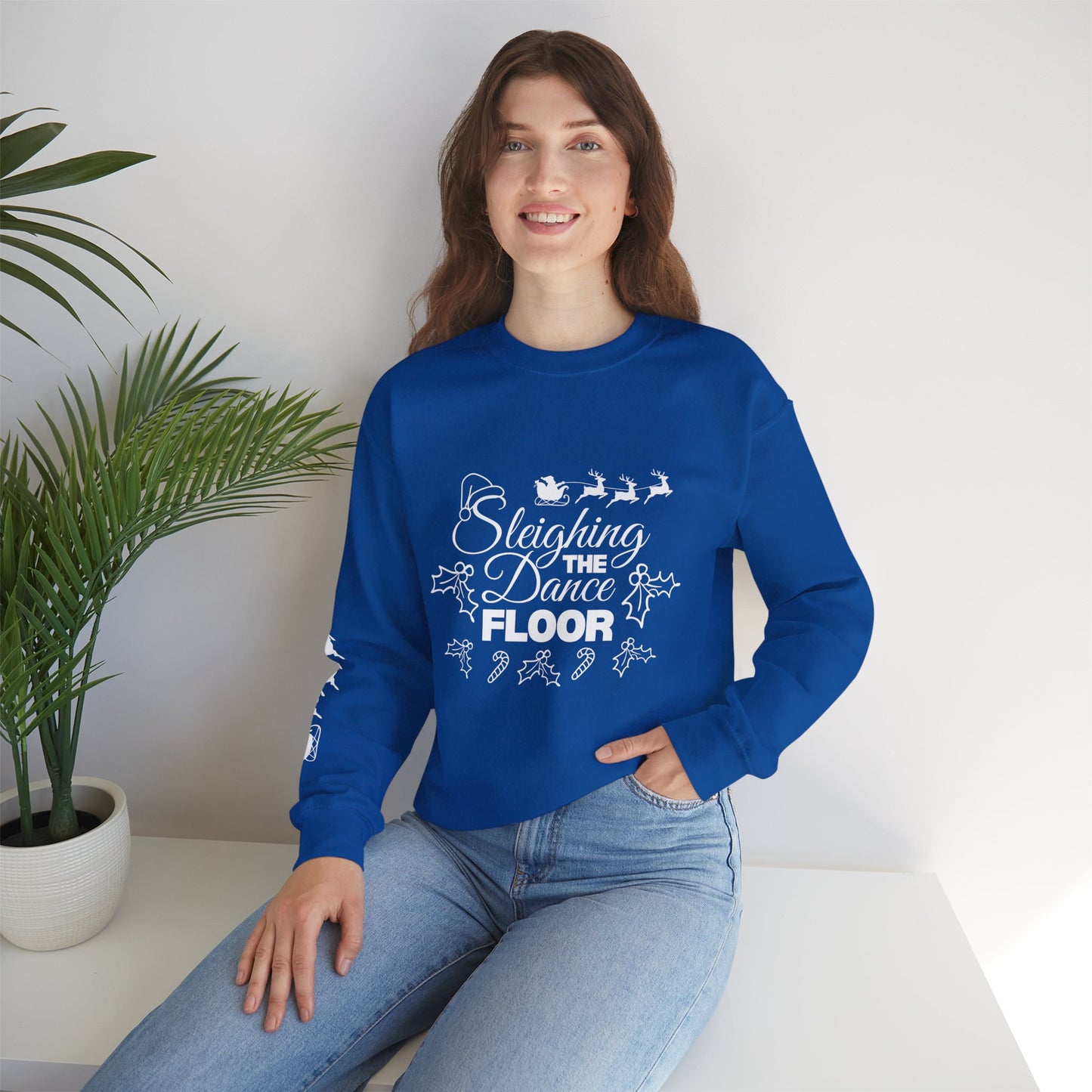 “Sleighing the Dance Floor” ADULT SWEATSHIRT Unisex Heavy Blend Crewneck – Festive Christmas Dance Sweatshirt with Santa’s Sleigh & Reindeer Arm Design, Perfect for Dancers & Studios