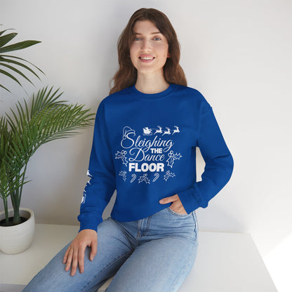 “Sleighing the Dance Floor” ADULT SWEATSHIRT Unisex Heavy Blend Crewneck – Festive Christmas Dance Sweatshirt with Santa’s Sleigh & Reindeer Arm Design, Perfect for Dancers & Studios