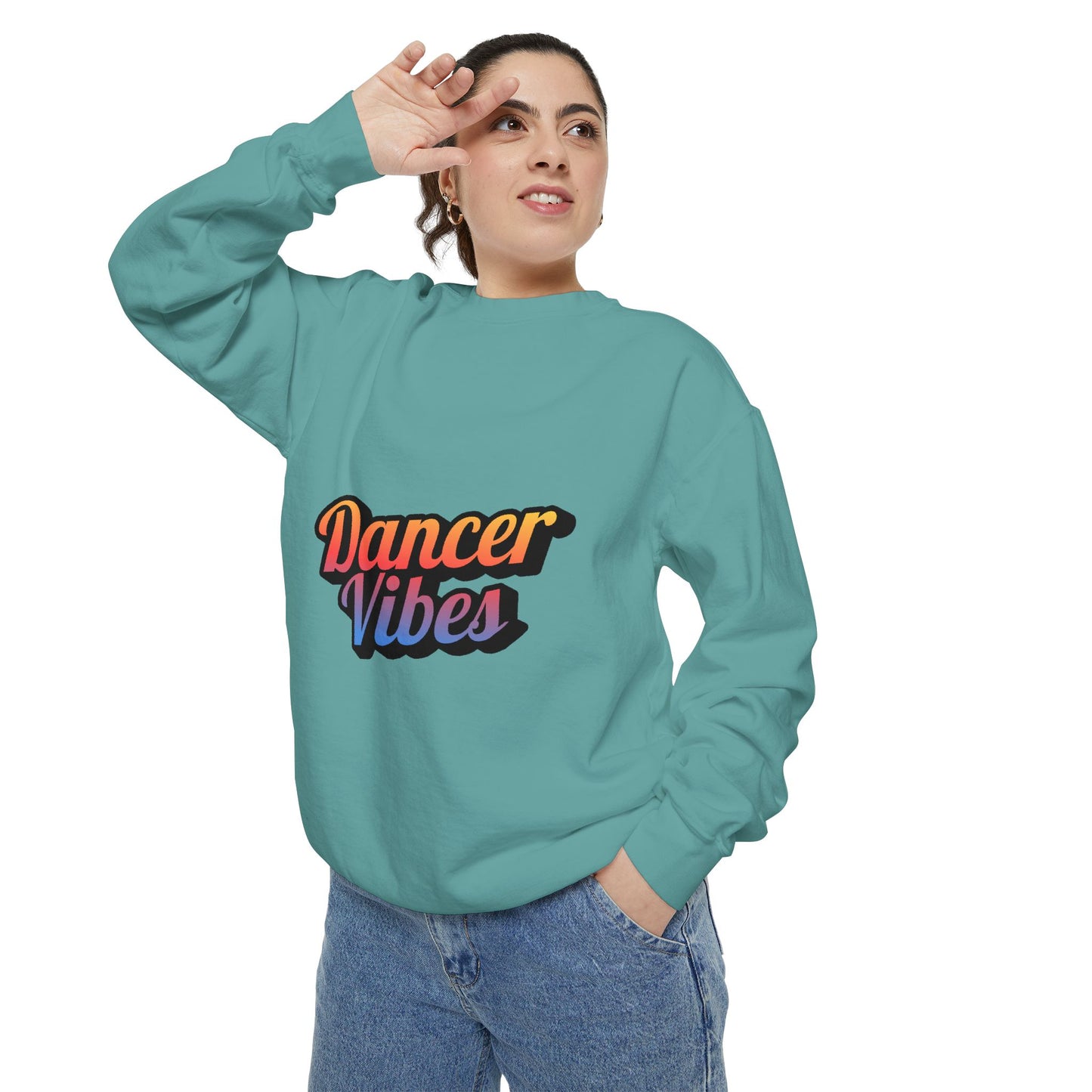 "Dancer Vibes" Unisex Lightweight Crewneck Sweatshirt – Colorful Text Graphic Pullover for Dance Lovers & Studio Style