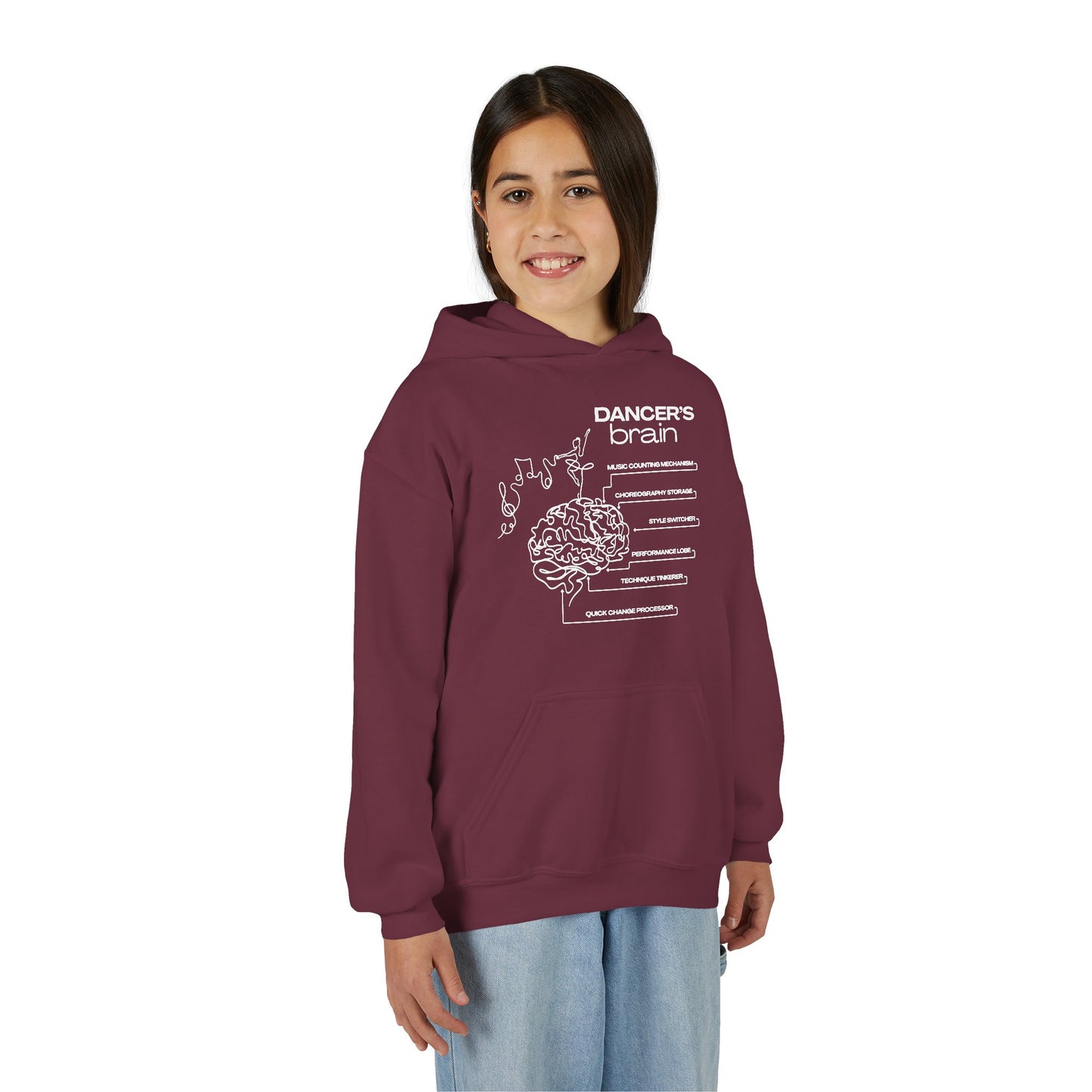 “Dancer’s Brain” Unisex Youth Hoodie with Funny Dance Brain Graphic – Personalized Dance Hoodie for Kids & Teens, Custom Name or Studio Option
