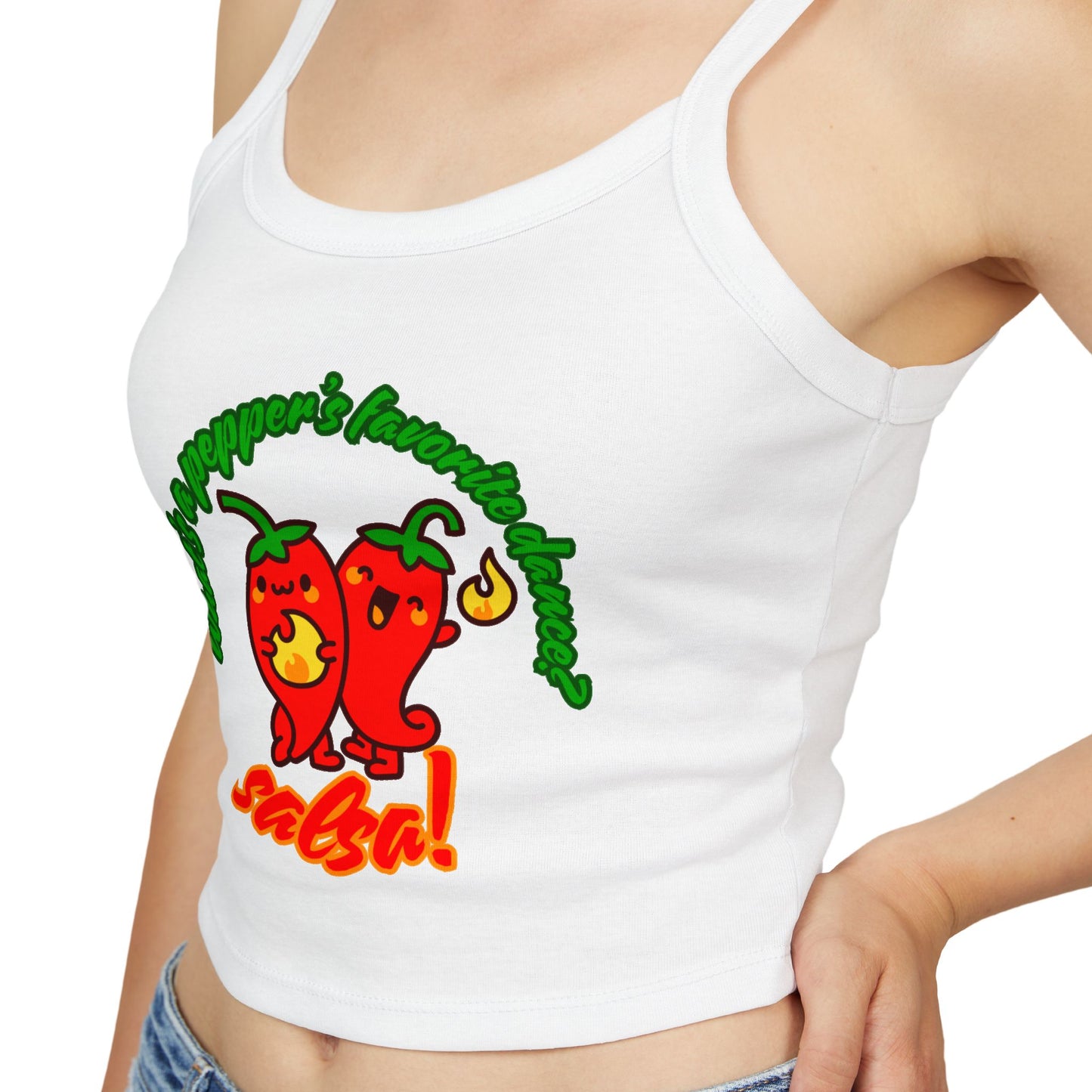 "What’s a Pepper’s Favorite Dance? Salsa!" Women’s Spaghetti Strap Tank Top – Cute Pepper Graphic | Funny Dance Pun Shirt for Dancers & Food Lovers