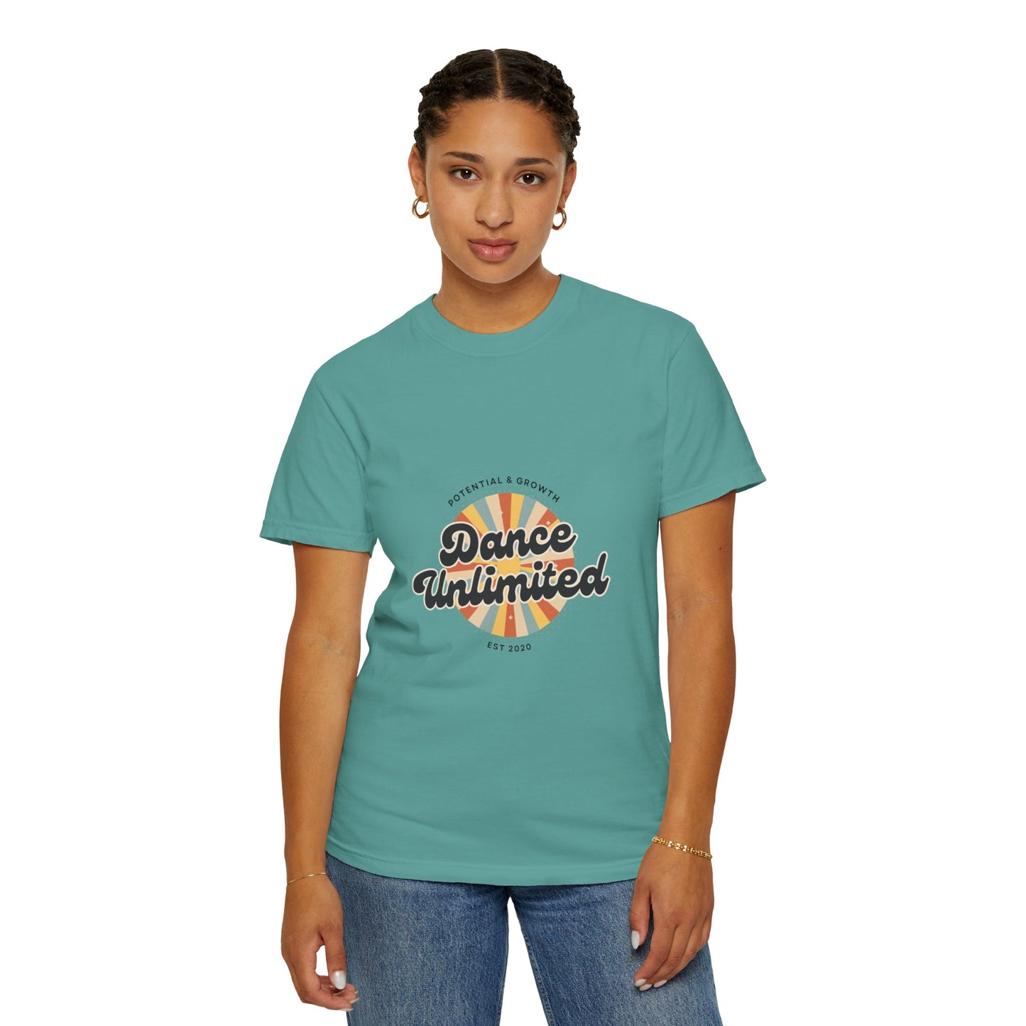 "Dance Unlimited, Potential & Growth" Unisex Garment-Dyed T-Shirt – Retro-Inspired Dance Motivation Graphic Tee – Inspirational Shirt for Dancers"