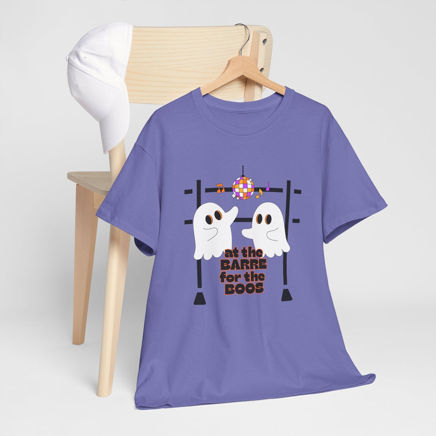 “At the Barre for the Boos” Dance Halloween T-Shirt with Cute Ghost Ballet Graphics - Unisex Heavy Cotton Tee