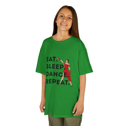 "Eat Sleep Dance Repeat” Youth Short Sleeve Tee – Bold Dancer Graphic Dance Shirt for Kids and Young Performers