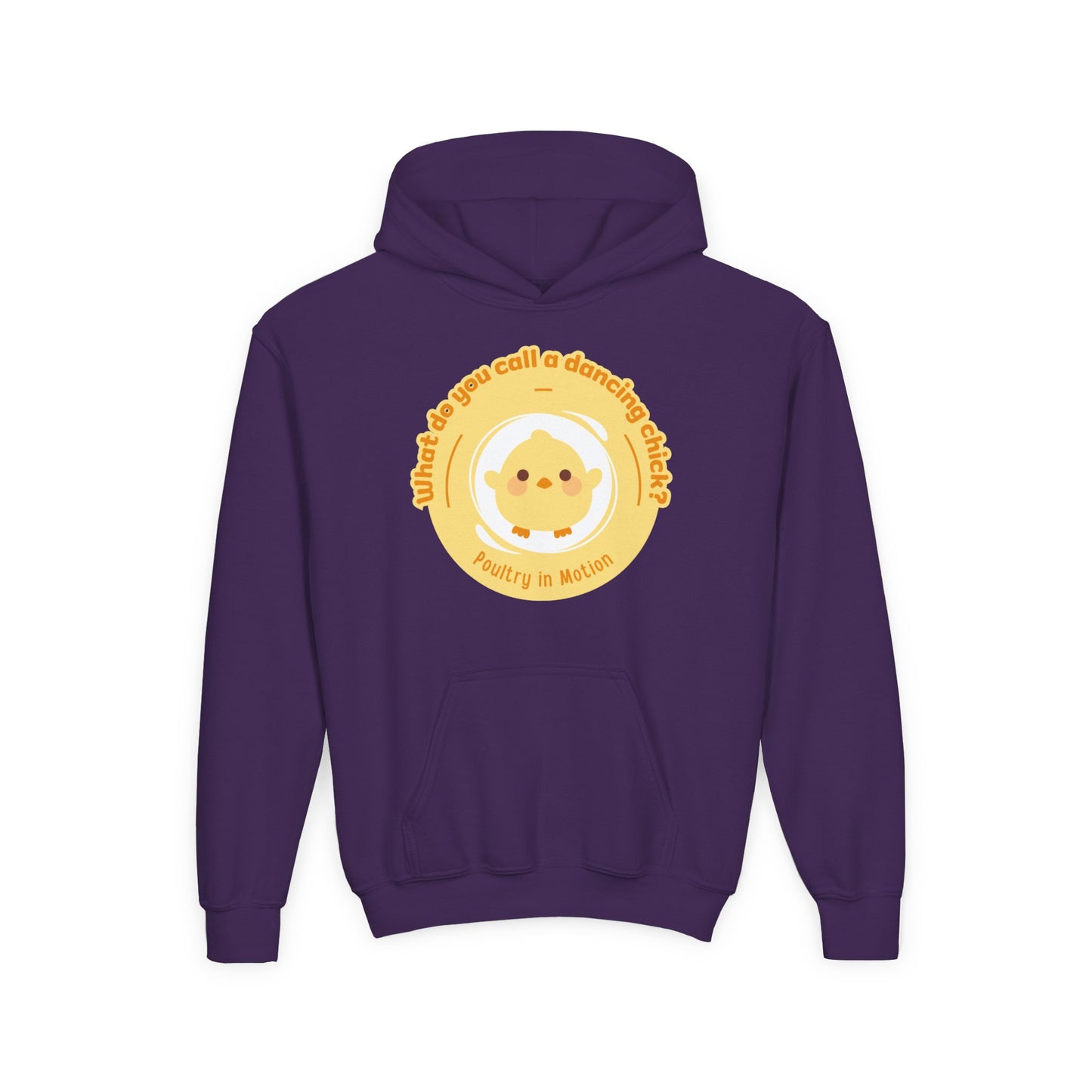 "What do you call a dancing chick? Poultry in Motion." Youth Hooded Sweatshirt – Funny Dancing Chick Pun Graphic Hoodie for Kids and Teens