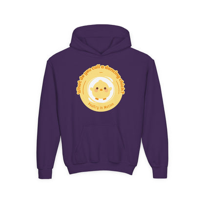 "What do you call a dancing chick? Poultry in Motion." Youth Hooded Sweatshirt – Funny Dancing Chick Pun Graphic Hoodie for Kids and Teens