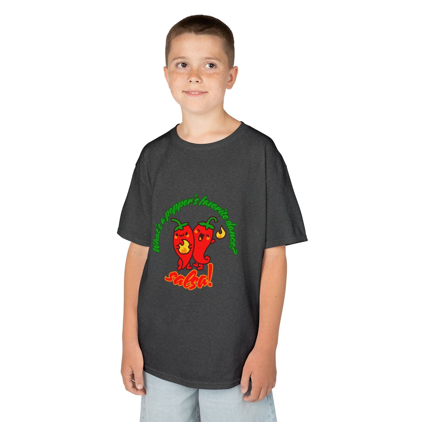 "What’s a Pepper’s Favorite Dance? Salsa!" Youth Short Sleeve Tee – Funny Dance Shirt with Cute Pepper Graphic for Kids