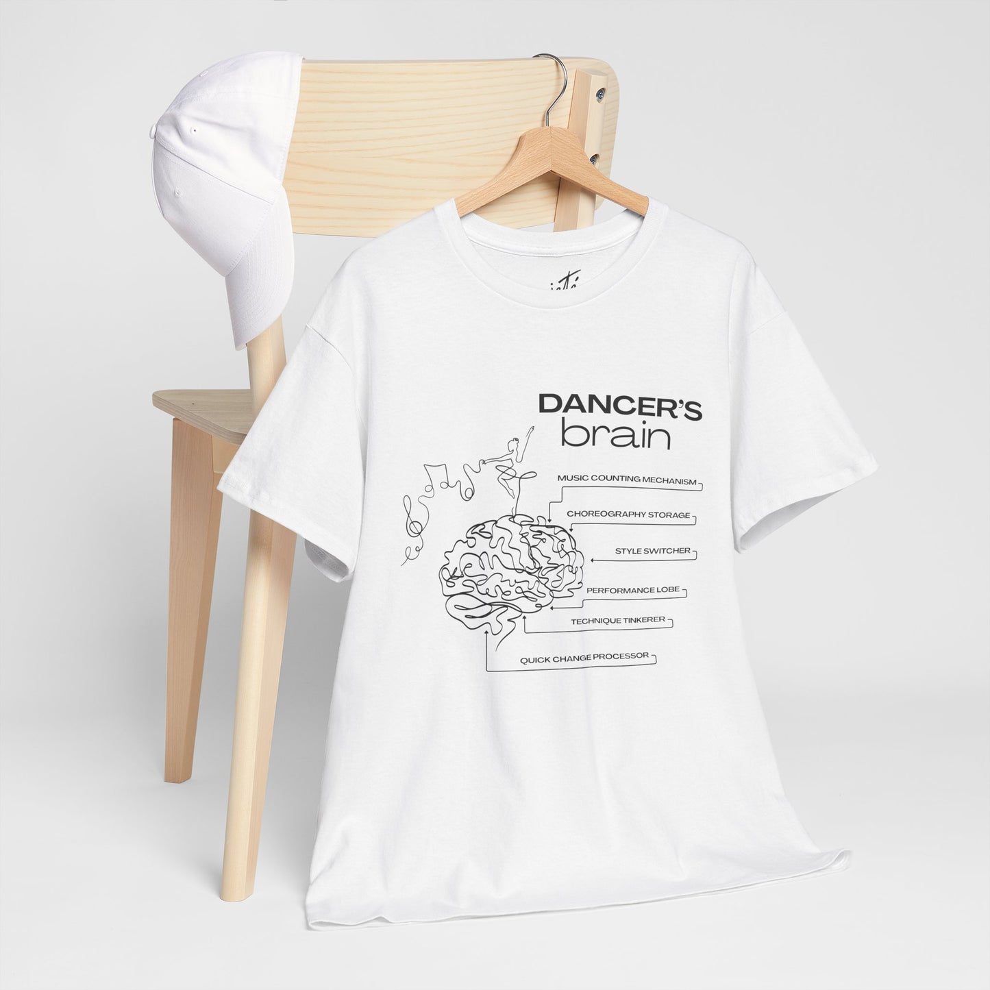 “Dancer’s Brain” Funny Dance Anatomy T-Shirt – Unisex Heavy Cotton Tee with Cute Dancer Brain Diagram and Optional Back Personalization