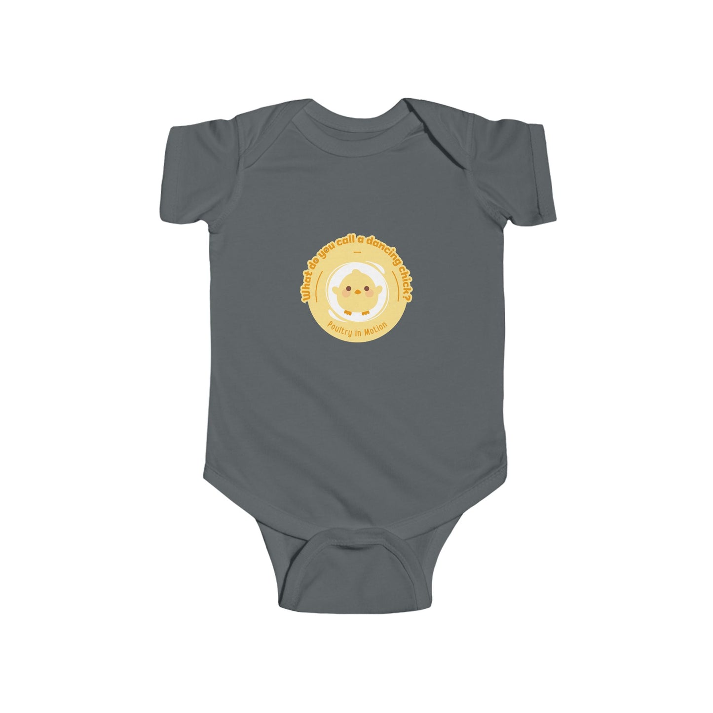 "What do you call a dancing chick? Poultry in Motion" Infant Short Sleeve Bodysuit – Funny Dancing Chick Baby Outfit, Cute Dance-Themed Baby Gift