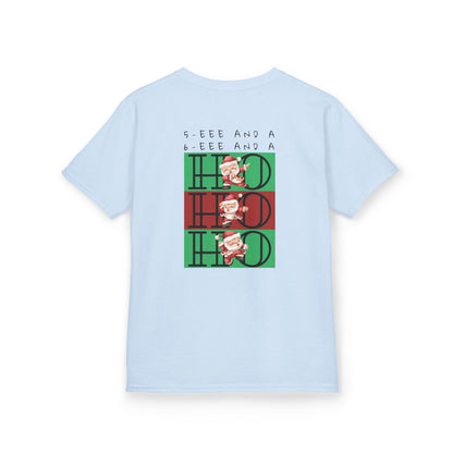 “5-eee and a 6-eee and a Ho, Ho, Ho” YOUTH Short Sleeve Tee with Playful Dancing Santa Front & Back – Festive Christmas Dance Tee for Dancers & Studios