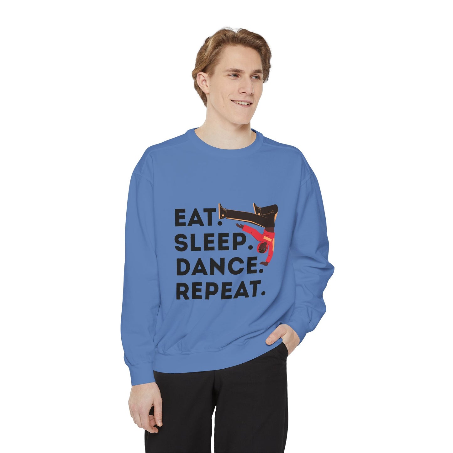 "Eat, Sleep, Dance, Repeat." Unisex Lightweight Crewneck Sweatshirt – Bold B-Boy Graphic Pullover for Hip-Hop Dancers & Street Style Fans