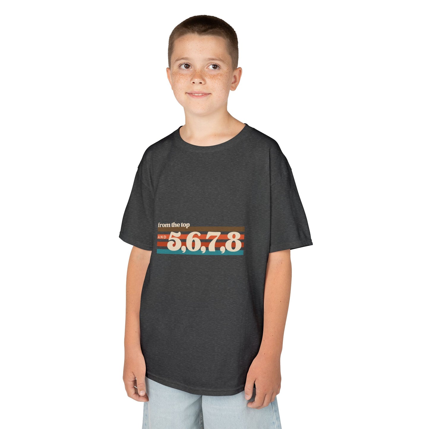 “From the Top and 5, 6, 7, 8” Youth Short Sleeve Tee – Retro Graphic Dance Shirt for Kids and Young Performers