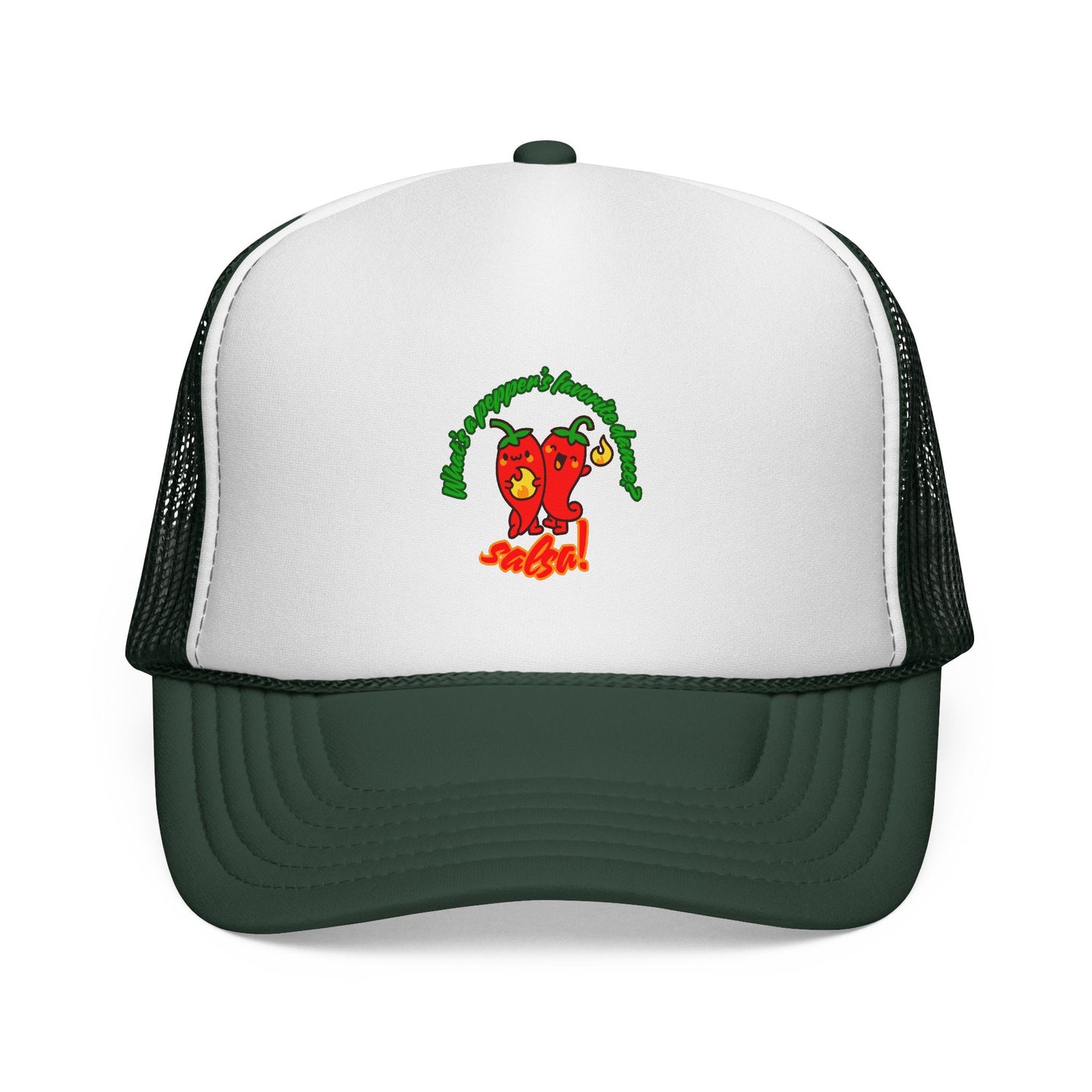 “What’s a Pepper’s Favorite Dance? Salsa!” Funny Unisex Cap with Cute Chili Pepper Graphic, Salsa Dance Trucker Hat – Dance-Themed Hat for Dancers & Foodies