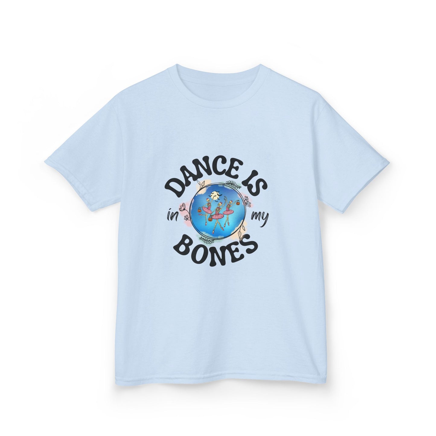 "Dance Is in My Bones” Halloween Dance T-Shirt with Dancing Skeletons Graphic - Kids Heavy Cotton™ Tee