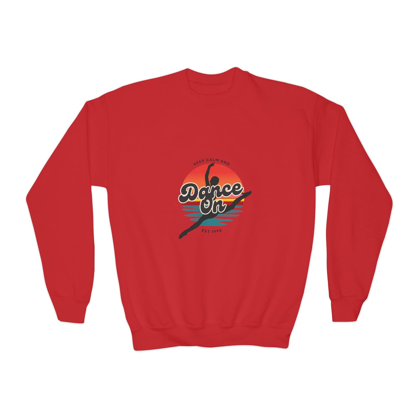 "Keep Calm and Dance On" Youth Crewneck Sweatshirt – Retro Graphic Dance-Themed Kids Pullover for Young Performers