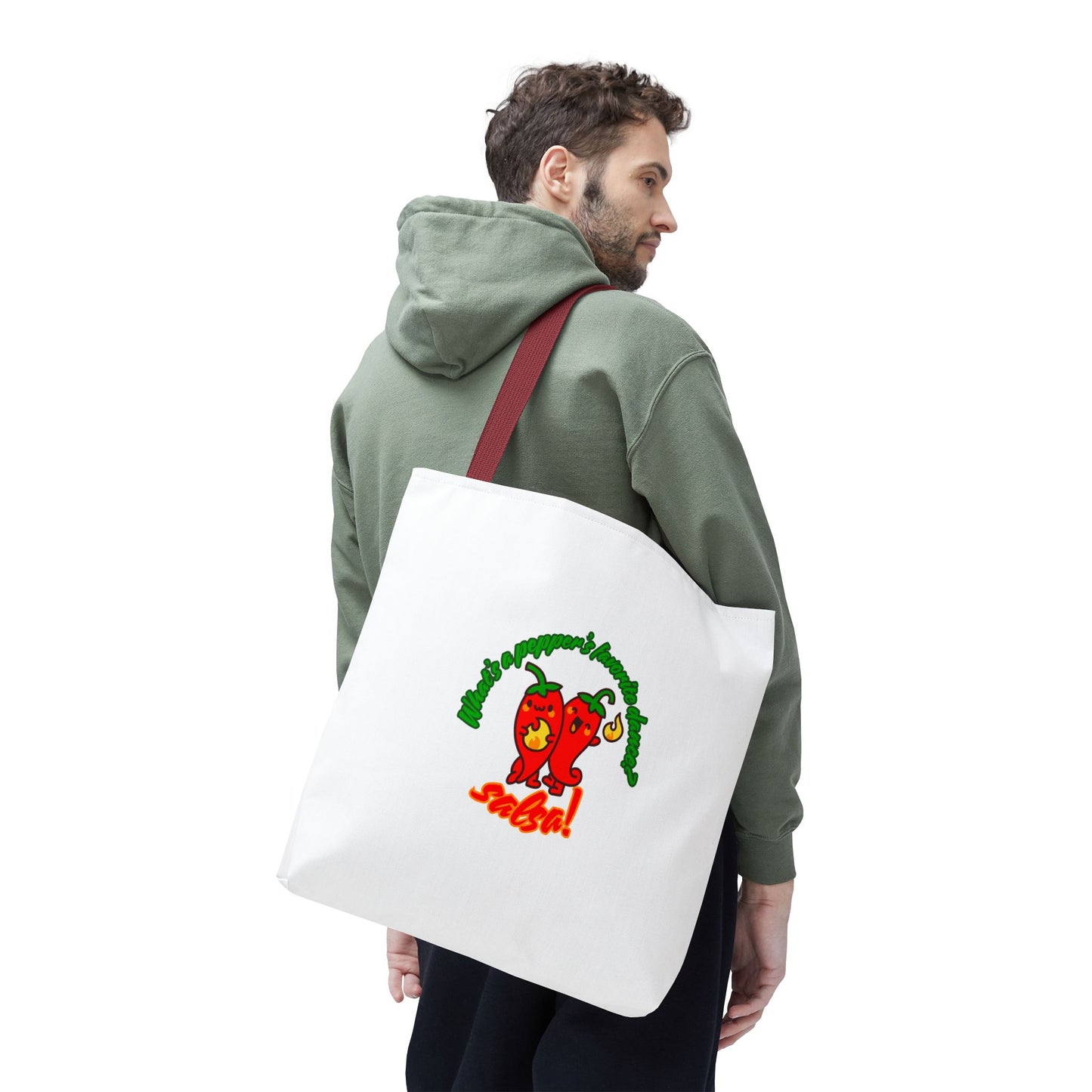 “What’s a Pepper’s Favorite Dance? Salsa!” Salsa Dance Pun Tote Bag – Funny Kawaii Pepper Graphic Canvas Bag for Dancers & Food Lovers