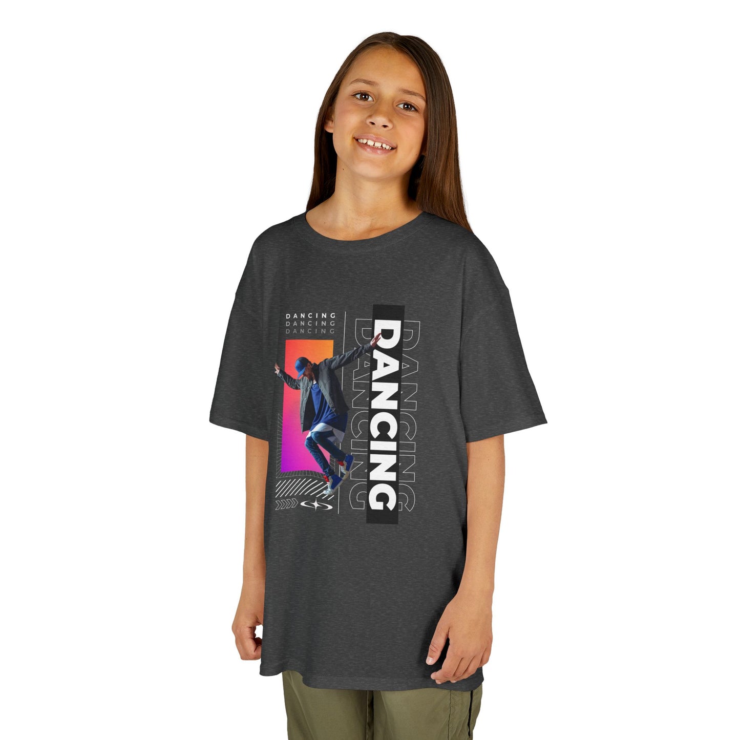 “Dancing” Youth Short Sleeve T-Shirt – Streetwear-Inspired Male Dancer Graphic – Stylish Kids Dance Apparel Tee