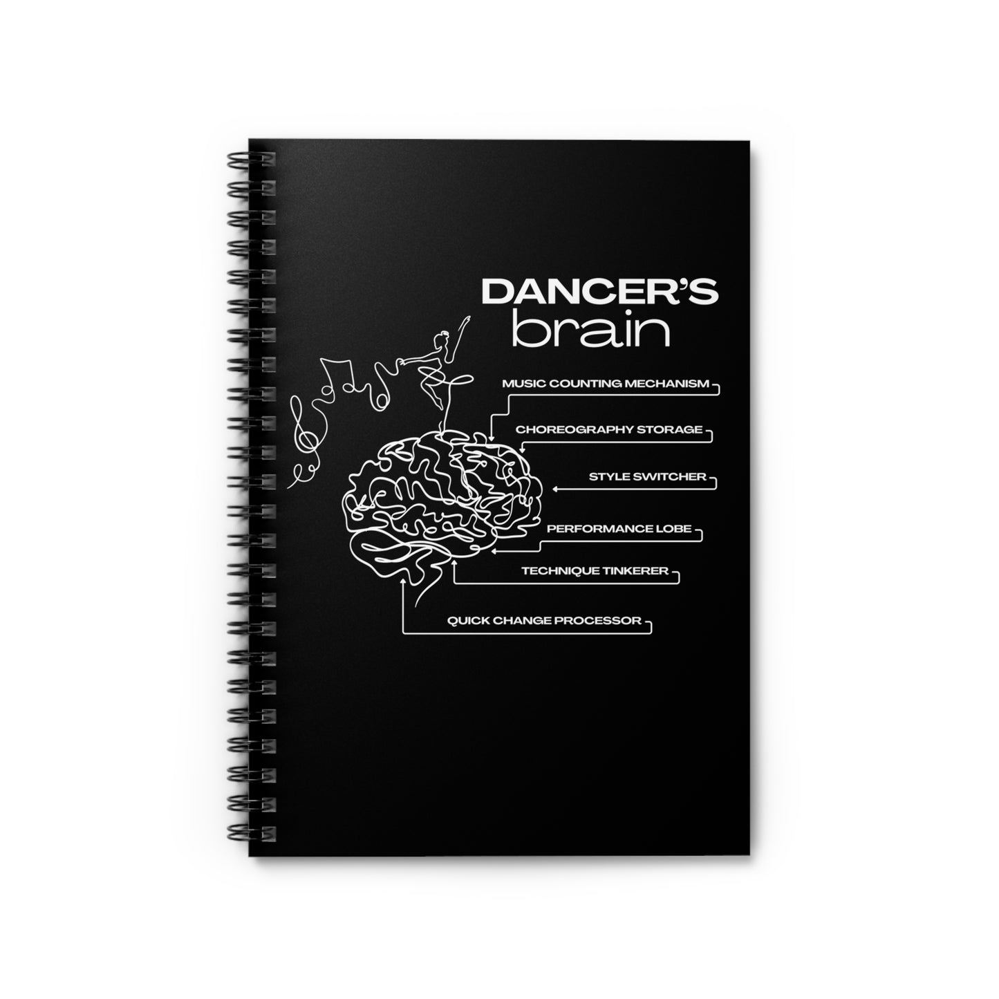 “Dancer’s Brain” Spiral Notebook with Funny Dance Mind Graphic – Cute Ballet & Dance Notebook Personalized with Name or Studio Option