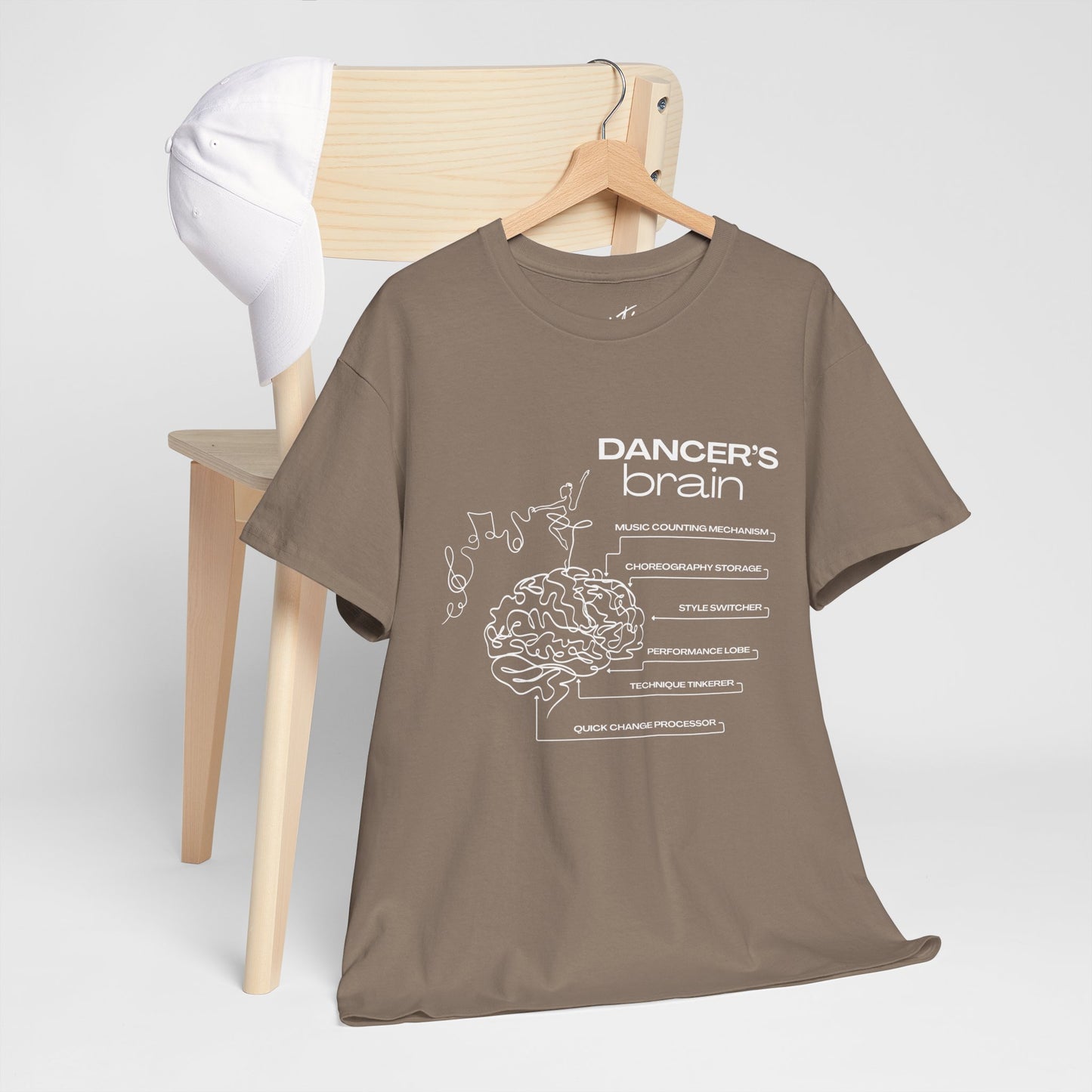 “Dancer’s Brain” Funny Dance Anatomy T-Shirt – Unisex Heavy Cotton Tee with Cute Dancer Brain Diagram and Optional Back Personalization