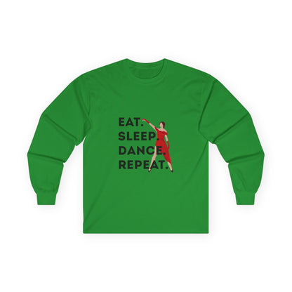 "Eat, Sleep, Dance, Repeat" Unisex Long Sleeve Tee – Bold Dancer Graphic Shirt for Performers, Dance Teams & Studio Life