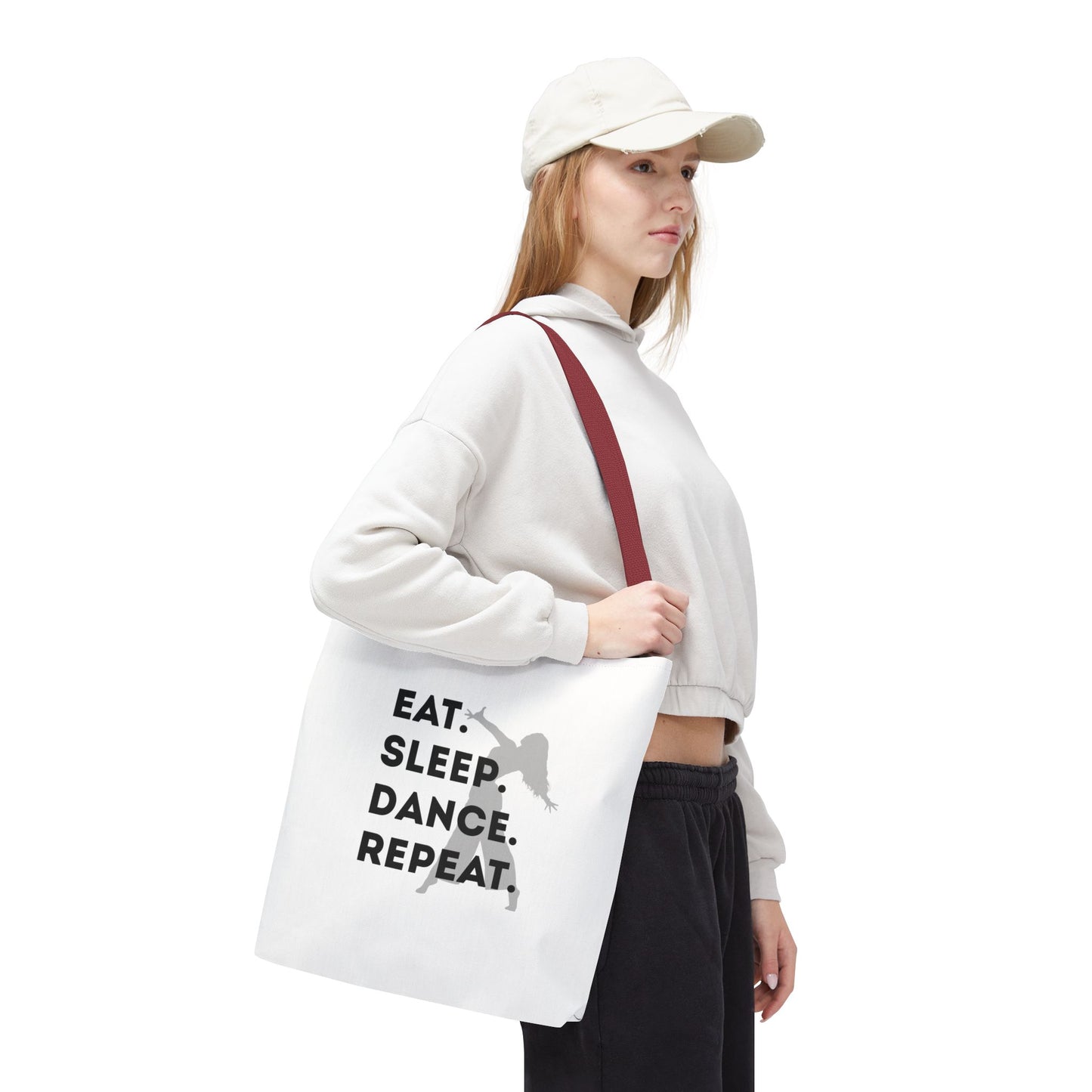 "Eat Sleep Dance Repeat" Canvas Tote Bag – Gray Dancer Silhouette Dance-Themed Reusable Shoulder Bag for Dancers, Studio, or Everyday Use