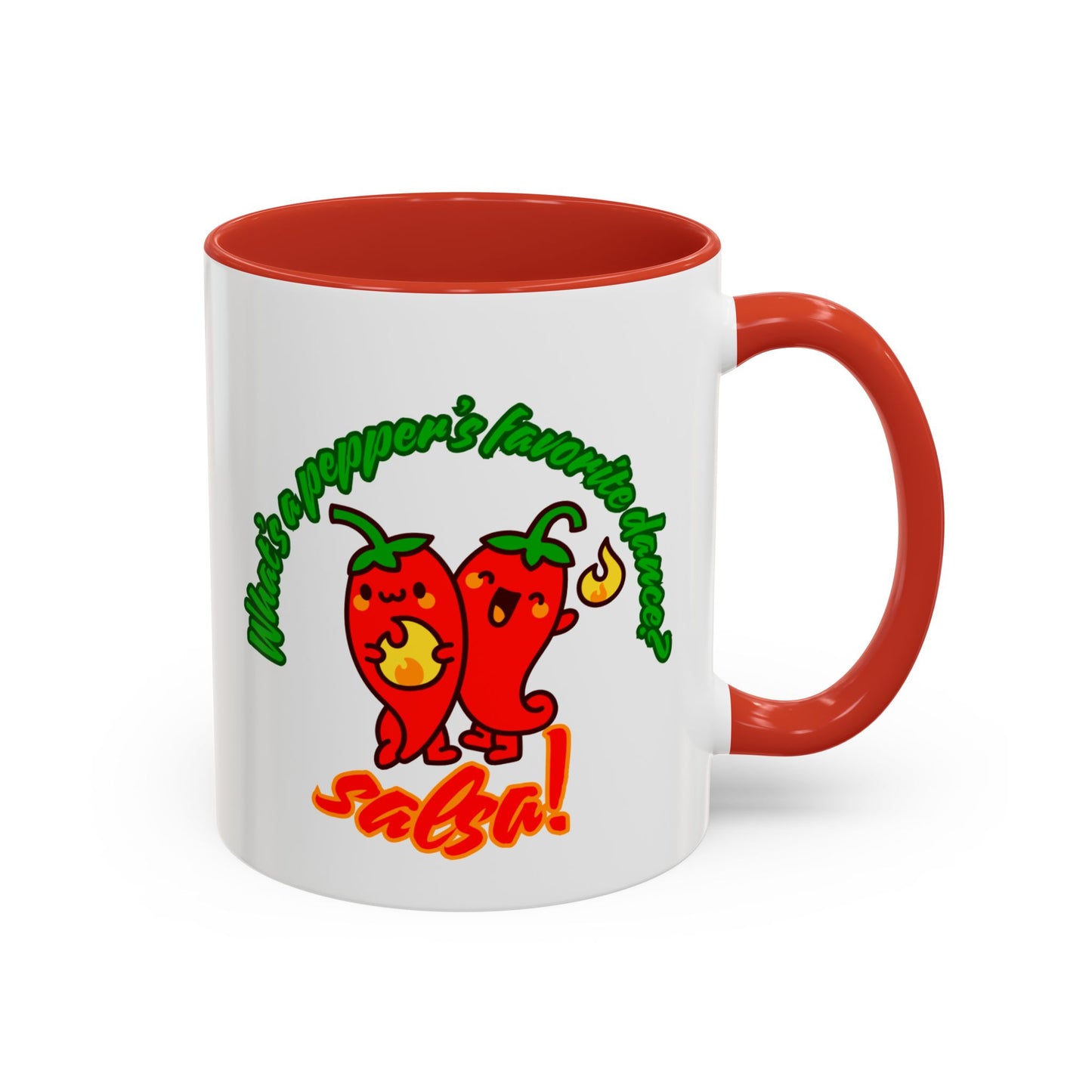 "What's a Pepper's Favorite Dance? Salsa." Accent Coffee Mug – Funny Dance Pun Ceramic Mug for Dancers and Food Lovers