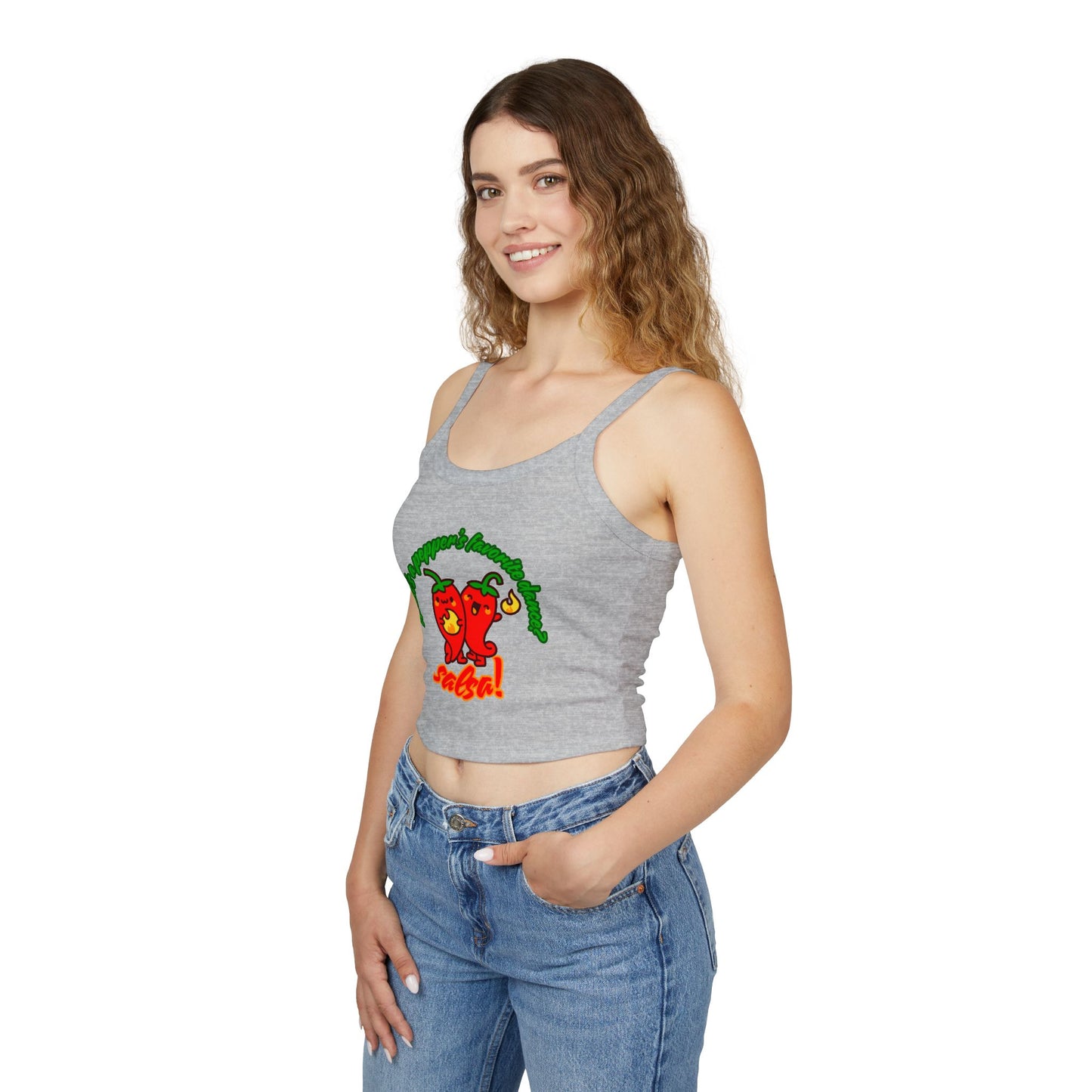 "What’s a Pepper’s Favorite Dance? Salsa!" Women’s Spaghetti Strap Tank Top – Cute Pepper Graphic | Funny Dance Pun Shirt for Dancers & Food Lovers