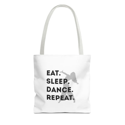 "Eat Sleep Dance Repeat" Canvas Tote Bag – Gray Dancer Silhouette Dance-Themed Reusable Shoulder Bag for Dancers, Studio, or Everyday Use