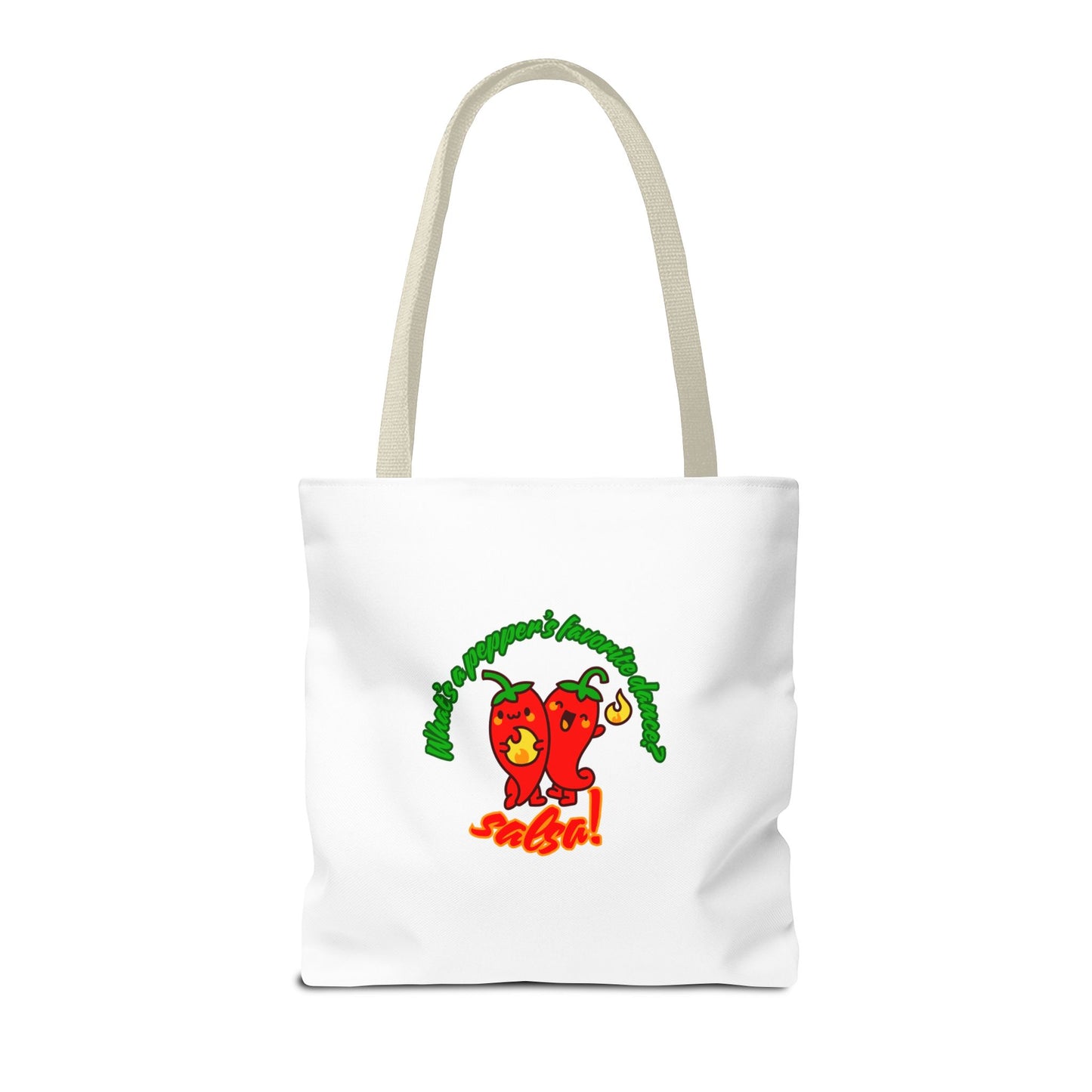 “What’s a Pepper’s Favorite Dance? Salsa!” Salsa Dance Pun Tote Bag – Funny Kawaii Pepper Graphic Canvas Bag for Dancers & Food Lovers