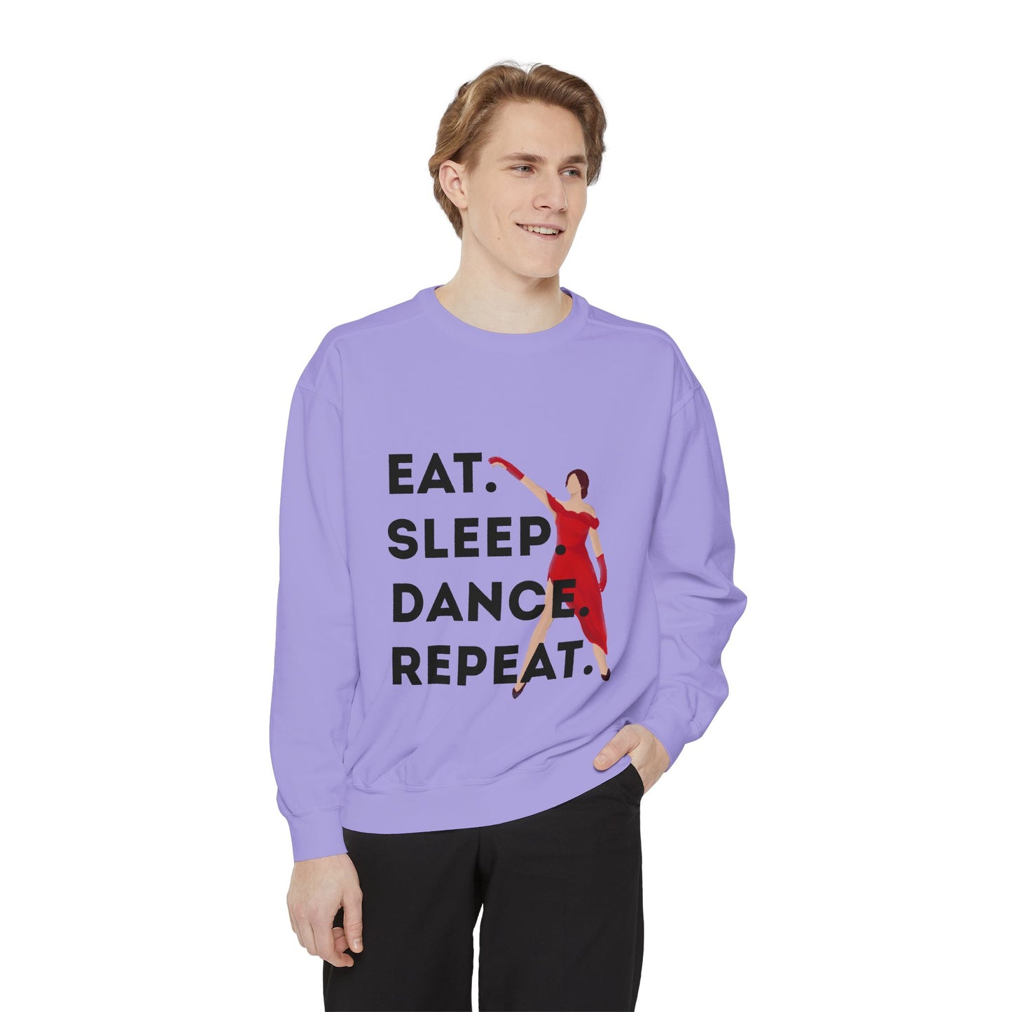 "Eat, Sleep, Dance, Repeat" Unisex Lightweight Crewneck Sweatshirt – Bold Dance Graphic Pullover for Dancers & Studio Life Enthusiasts