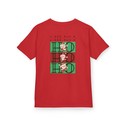 “5-eee and a 6-eee and a Ho, Ho, Ho” YOUTH Short Sleeve Tee with Playful Dancing Santa Front & Back – Festive Christmas Dance Tee for Dancers & Studios