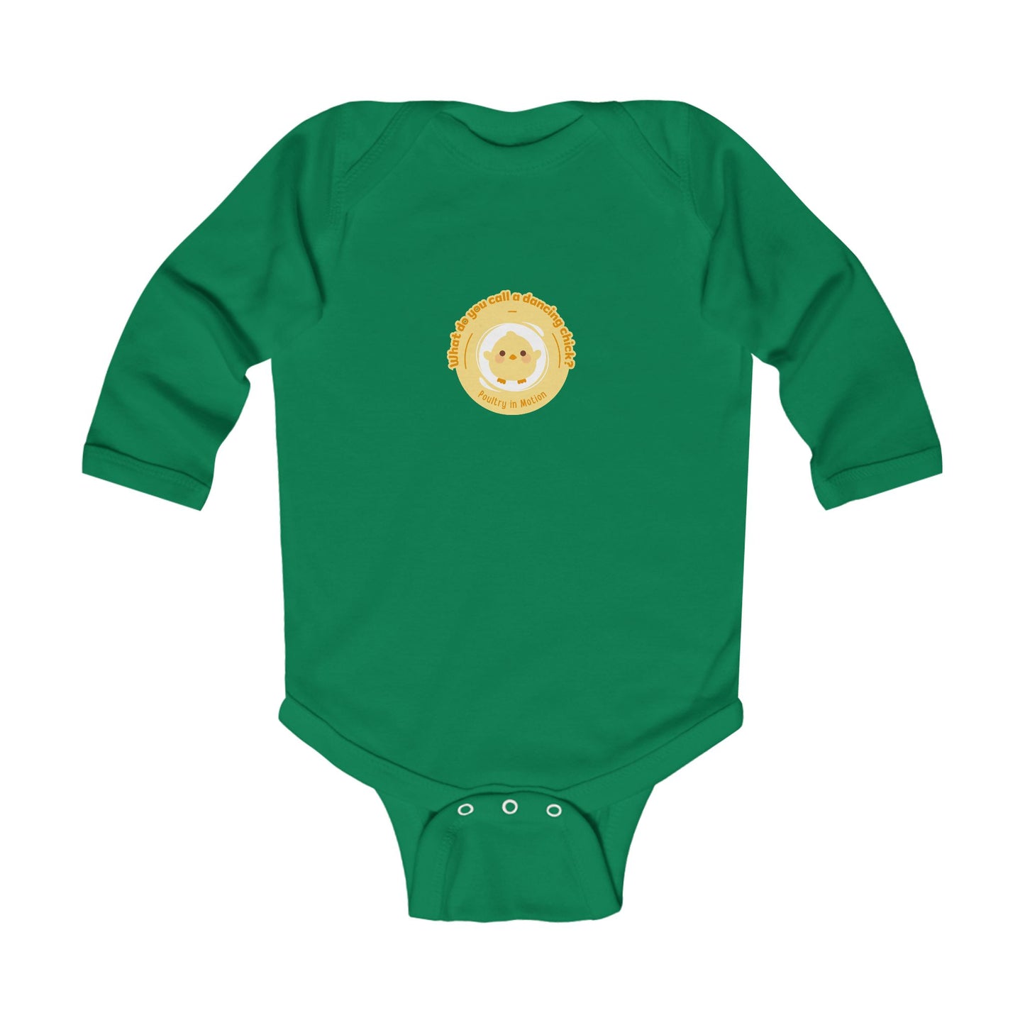 "What do you call a dancing chick? Poultry in Motion" Infant Long Sleeve Bodysuit – Funny Dancing Chick Baby Outfit, Cute Dance-Themed Baby Gift 🐥💃