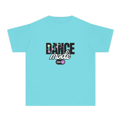 “Dance Mode On" Comfort Colors Youth Midweight  T-Shirt – Pastel Stars & Smiley Face Dance Graphic Tee for Kids