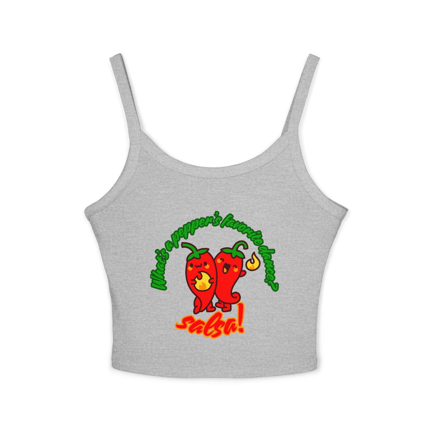 "What’s a Pepper’s Favorite Dance? Salsa!" Women’s Spaghetti Strap Tank Top – Cute Pepper Graphic | Funny Dance Pun Shirt for Dancers & Food Lovers
