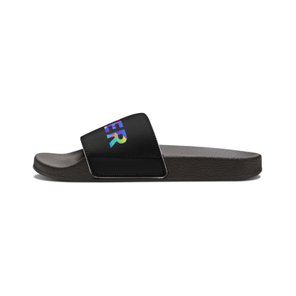 WOMEN'S SIZES - “Dancer” Colorful Text – Dance-Inspired Custom Slides with Removable Straps | Women’s Sandal Slides