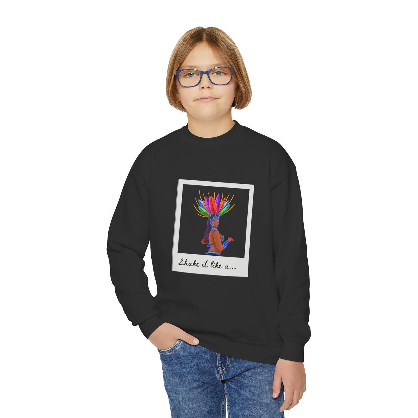 "Shake It Like a..." Youth Crewneck Sweatshirt – Carnival-Inspired Samba Dancer Graphic Pullover for Kids and Teens