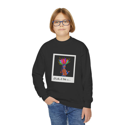 "Shake It Like a..." Youth Crewneck Sweatshirt – Carnival-Inspired Samba Dancer Graphic Pullover for Kids and Teens