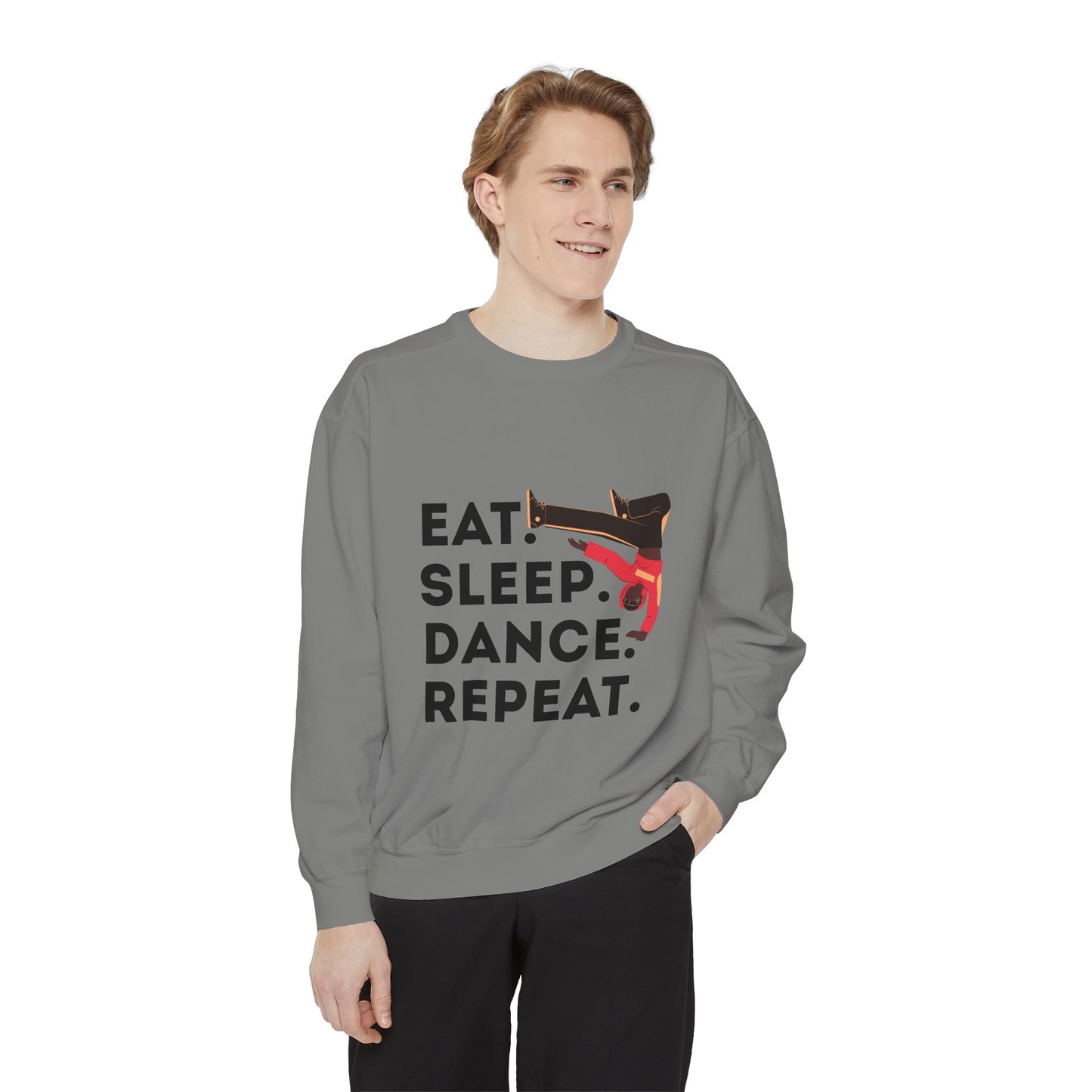 "Eat, Sleep, Dance, Repeat." Unisex Lightweight Crewneck Sweatshirt – Bold B-Boy Graphic Pullover for Hip-Hop Dancers & Street Style Fans