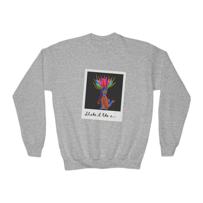 "Shake It Like a..." Youth Crewneck Sweatshirt – Carnival-Inspired Samba Dancer Graphic Pullover for Kids and Teens