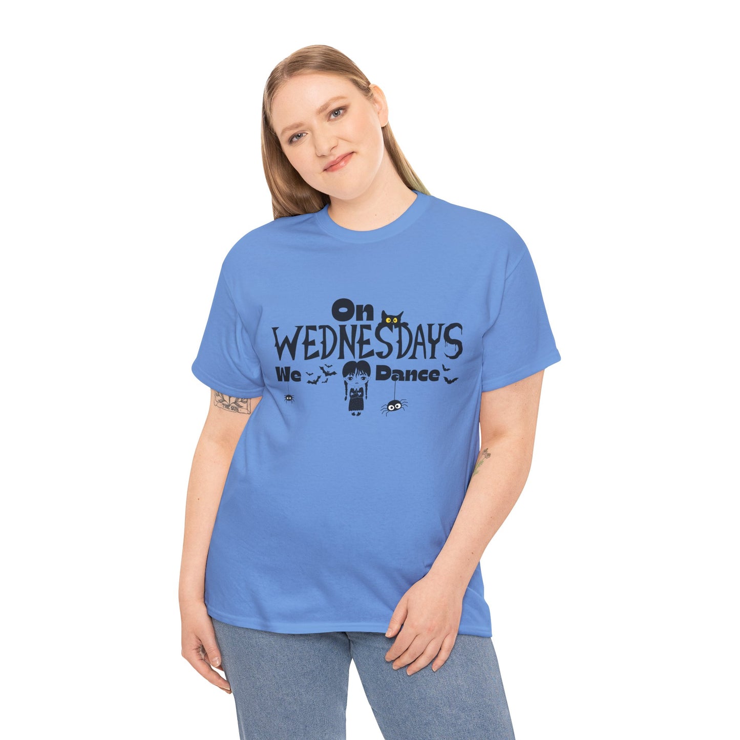 “On Wednesdays We Dance” Gothic Halloween T-Shirt with Cute Girl, Black Cat, Spiders & Bats - Unisex Heavy Cotton Tee