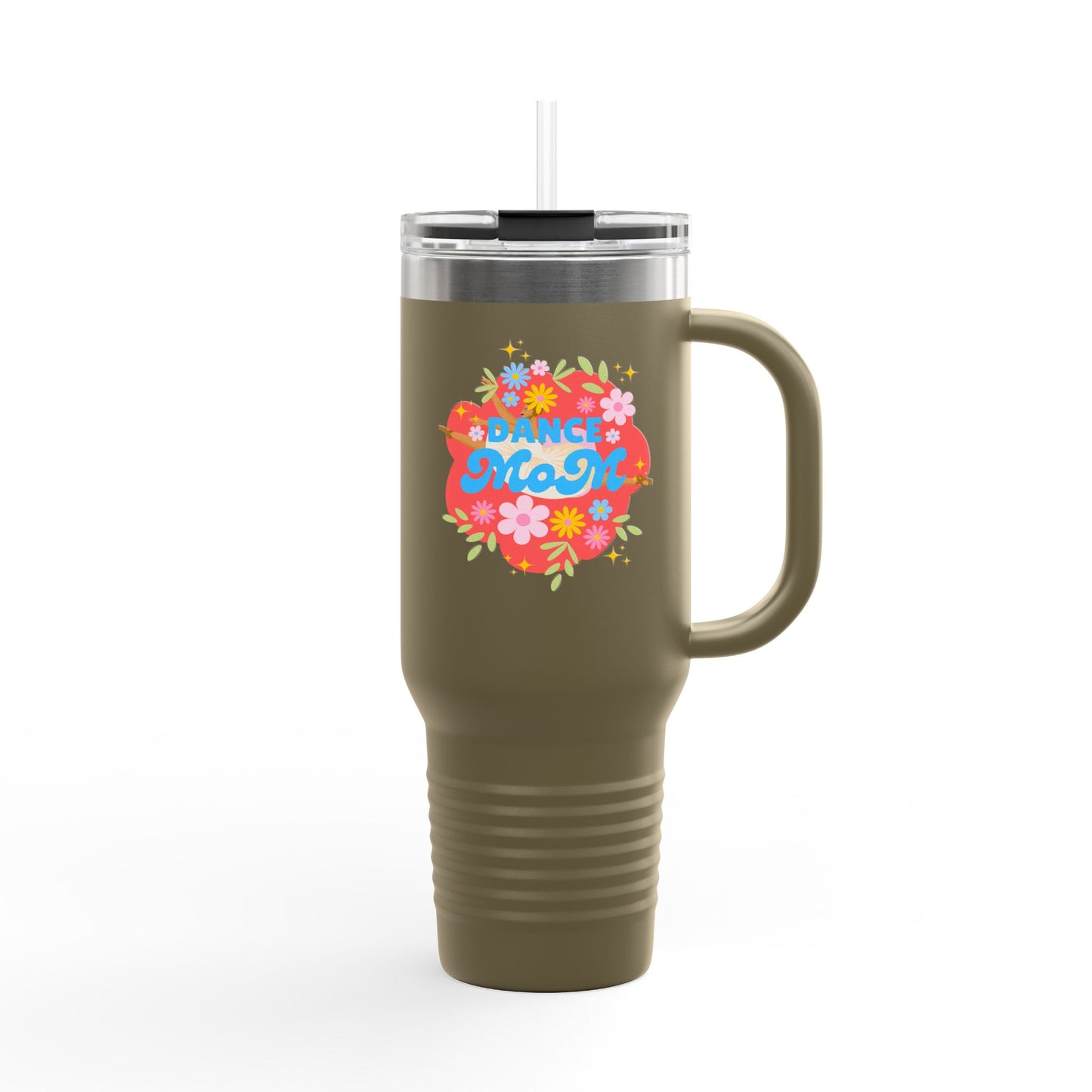 "Dance Mom" 40oz Insulated Travel Mug – Floral Graphic with Costume Designer, Makeup Artist, Chauffeur Text – Funny Dance Mom Gift Tumbler